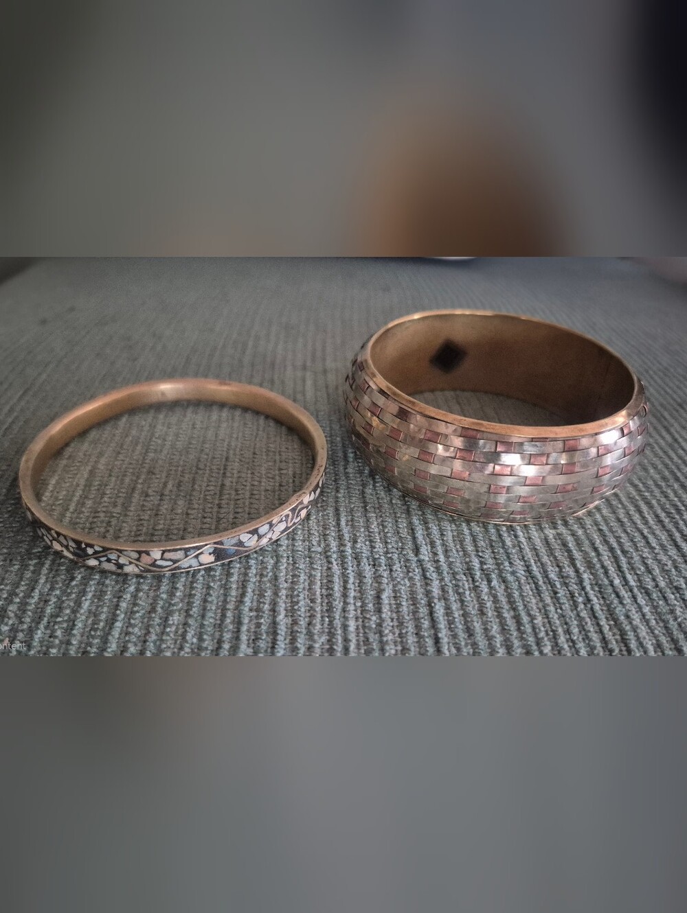 Vintage Copper Brass Steel Basket Weave Wide Bracelet & Brass Agate Bangle Set
